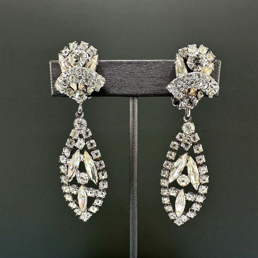 Vintage Rhinestone Earrings Chandelier Drop Clip On Statement Bridal Art Deco